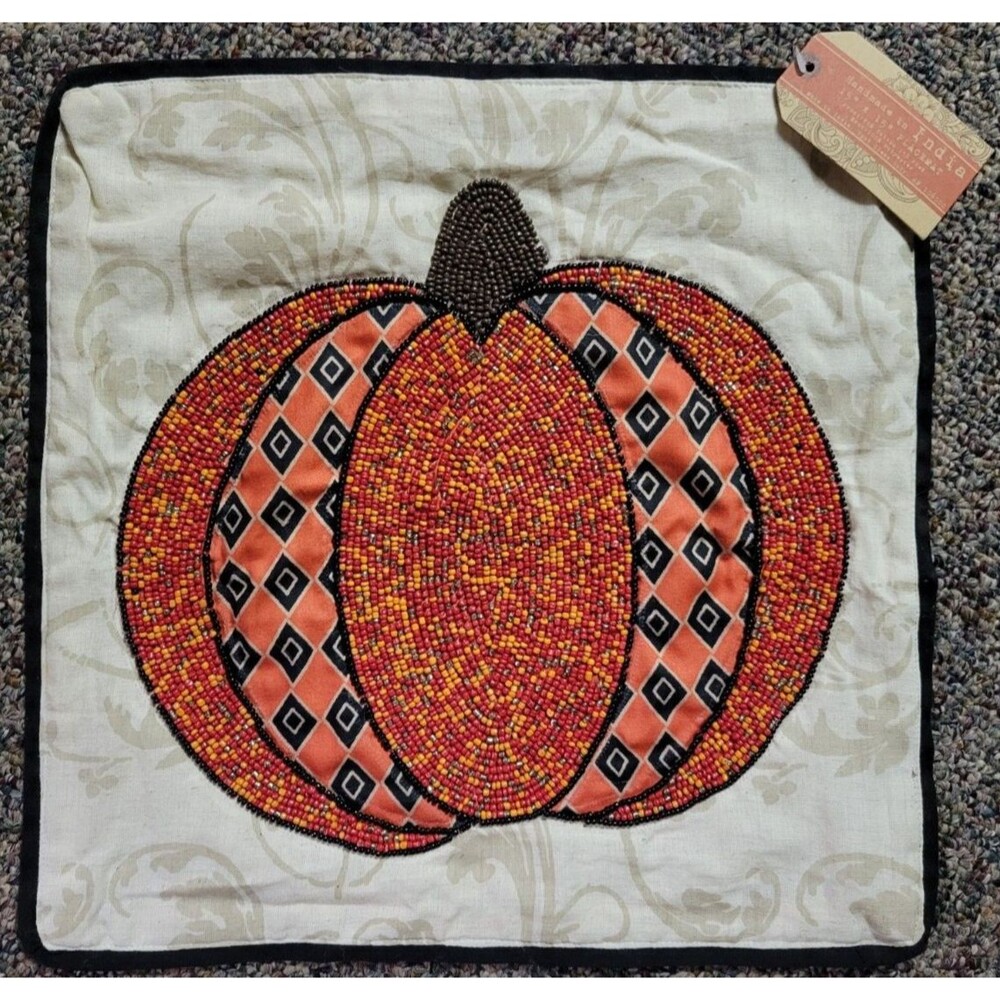 NWT Beaded Pumpkin Handmade Placemat Cotton Flax‎ 15x15